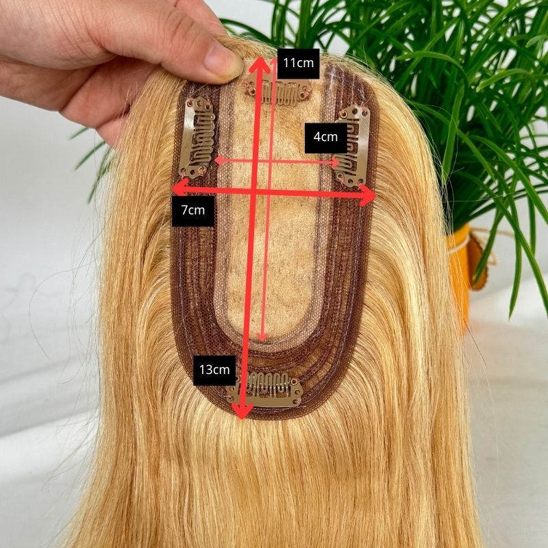 Medium Brown Mix 613 Blonde Color Silk Base European Human Hair Topper With Clips In Silk Top Hair Toupee for Women 7x13 CM Silk Base Closure Wigs for Woman 12 Inch 27P613#