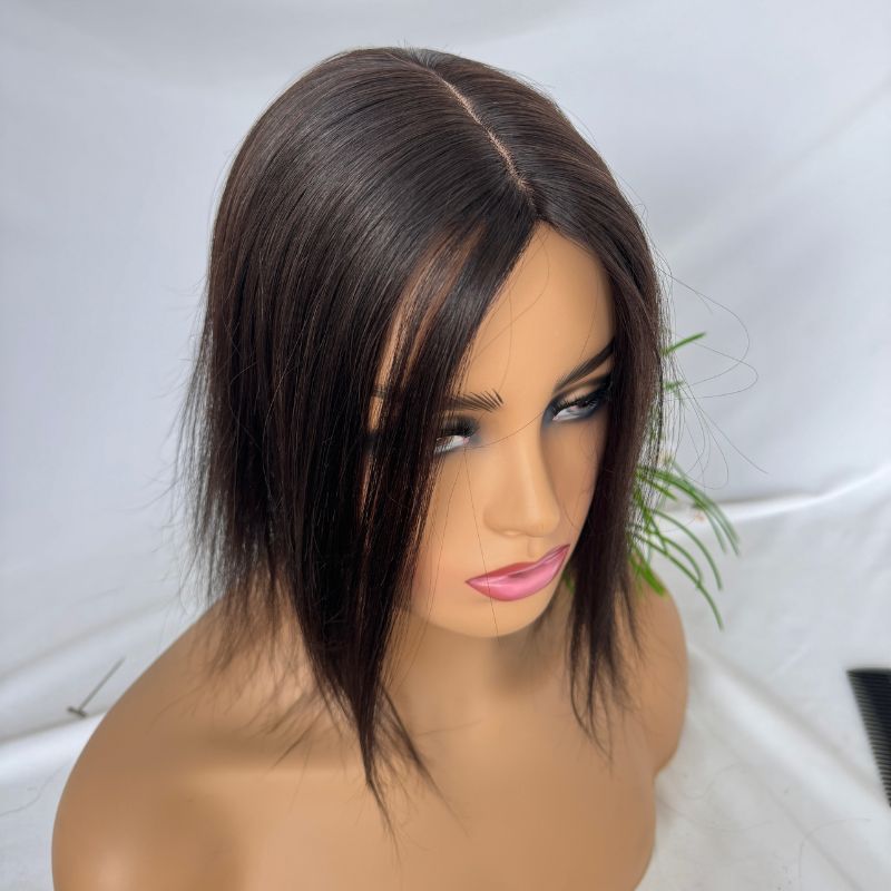 Natural Black Silk Base European Human Hair Topper With Clips In Silk Top Hair Toupee for Women 7x13 CM Silk Base Closure Wigs for Woman 12 Inch