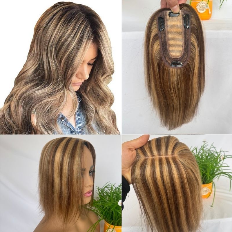 Medium Brown Mix  Dark Blonde Color Silk Base European Human Hair Topper With Clips In Silk Top Hair Toupee for Women 7x13 CM Silk Base Closure Wigs for Woman 12 Inch 4p27#