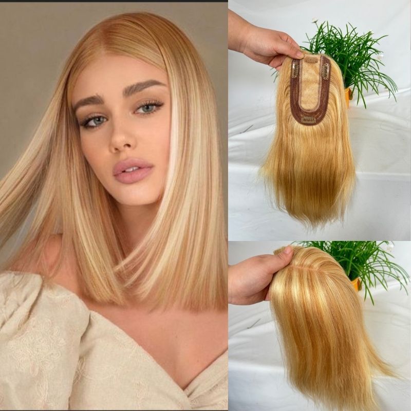 Brown Color Silk Base European Human Hair Topper With Clips In Silk Top Hair Toupee for Women 7x13 CM Silk Base Closure Wigs for Woman 12 Inch