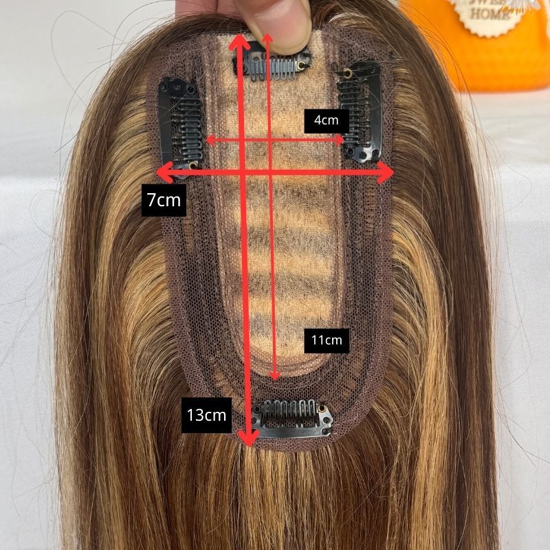 Medium Brown Mix  Dark Blonde Color Silk Base European Human Hair Topper With Clips In Silk Top Hair Toupee for Women 7x13 CM Silk Base Closure Wigs for Woman 12 Inch 4p27#