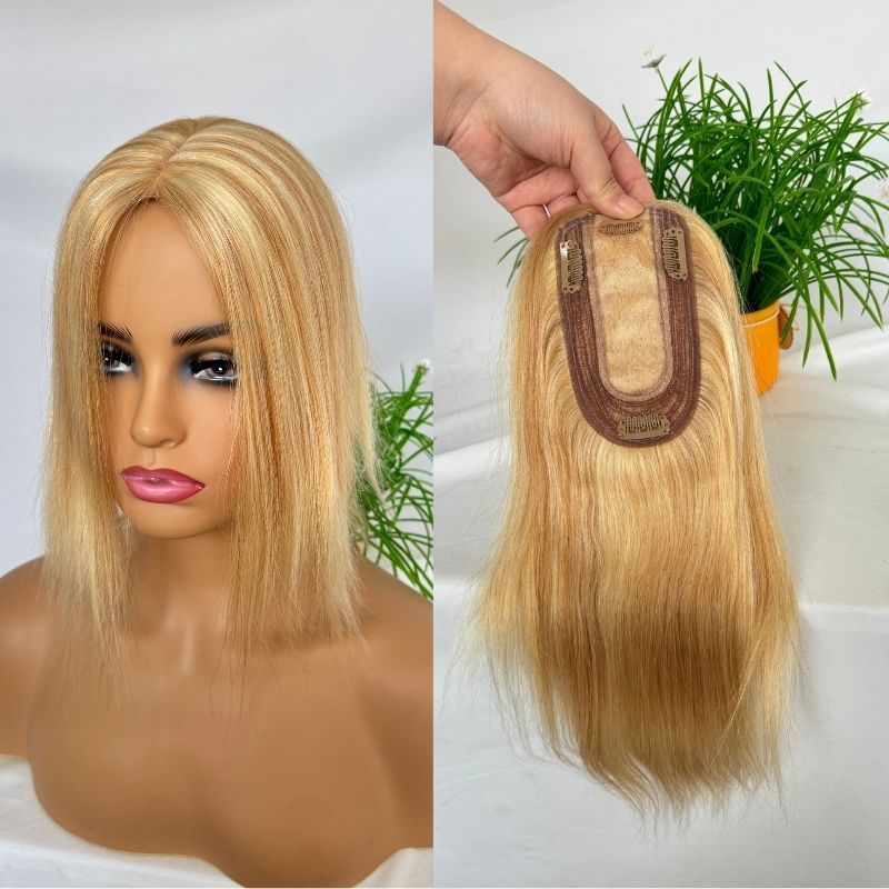 Medium Brown Mix 613 Blonde Color Silk Base European Human Hair Topper With Clips In Silk Top Hair Toupee for Women 7x13 CM Silk Base Closure Wigs for Woman 12 Inch 27P613#