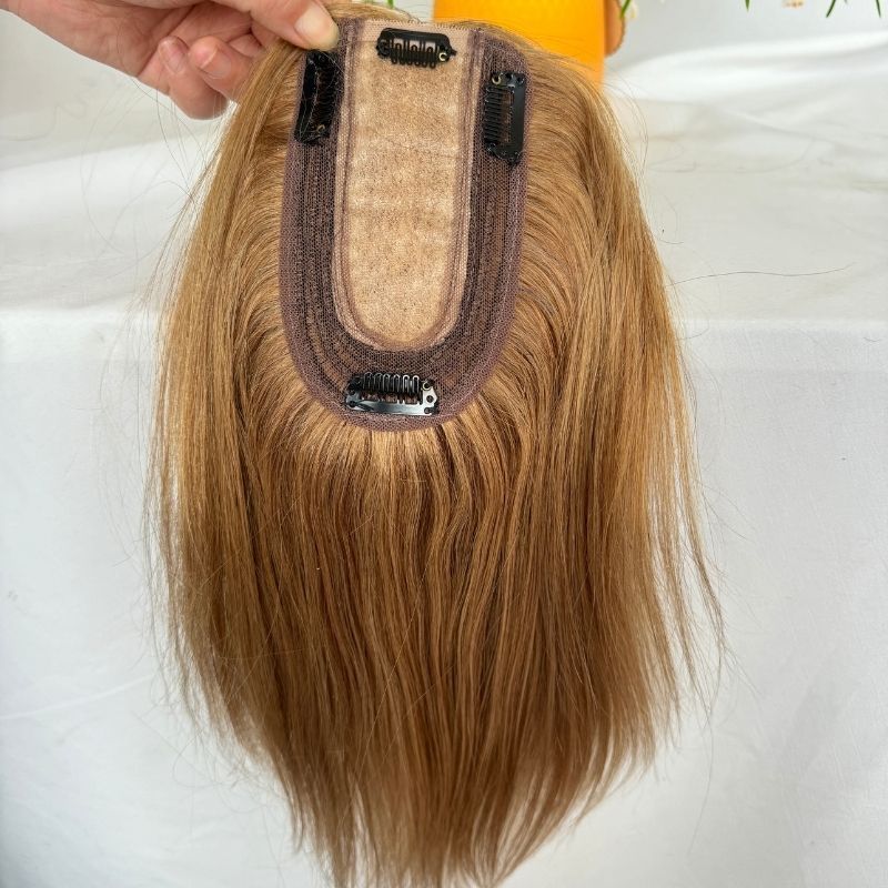 8# Light Brown Color Silk Base European Human Hair Topper With Clips In Silk Top Hair Toupee for Women 7x13 CM Silk Base Closure Wigs for Woman 12 Inch
