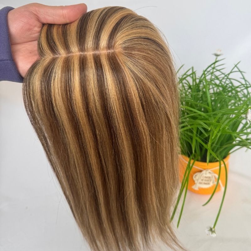 Medium Brown Mix  Dark Blonde Color Silk Base European Human Hair Topper With Clips In Silk Top Hair Toupee for Women 7x13 CM Silk Base Closure Wigs for Woman 12 Inch 4p27#
