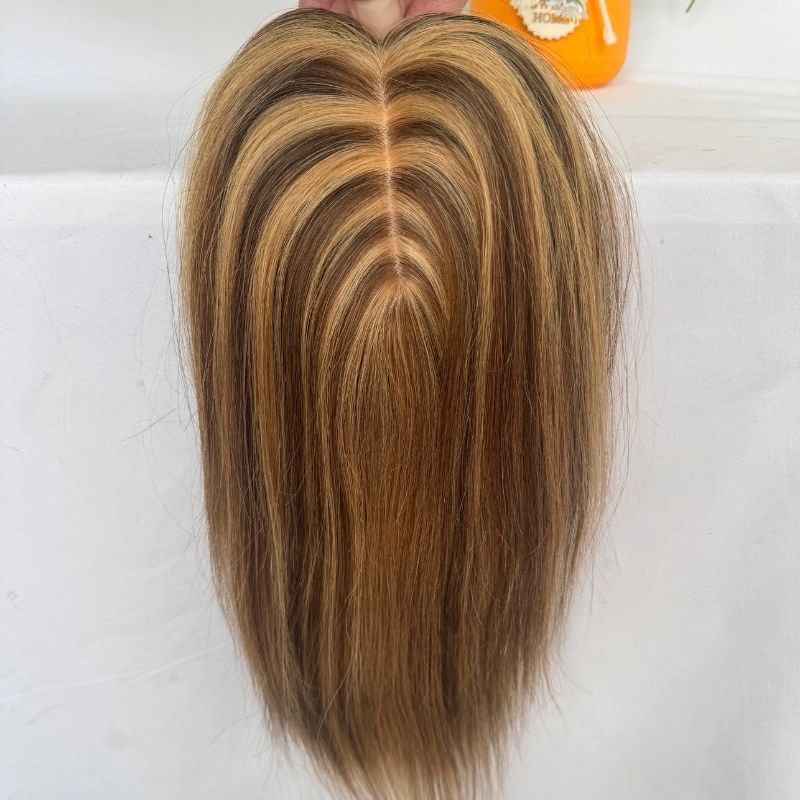 Medium Brown Mix  Dark Blonde Color Silk Base European Human Hair Topper With Clips In Silk Top Hair Toupee for Women 7x13 CM Silk Base Closure Wigs for Woman 12 Inch 4p27#
