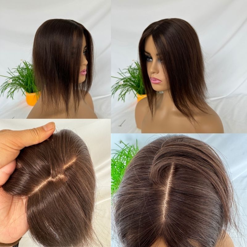 Brown Color Silk Base European Human Hair Topper With Clips In Silk Top Hair Toupee for Women 7x13 CM Silk Base Closure Wigs for Woman 12 Inch