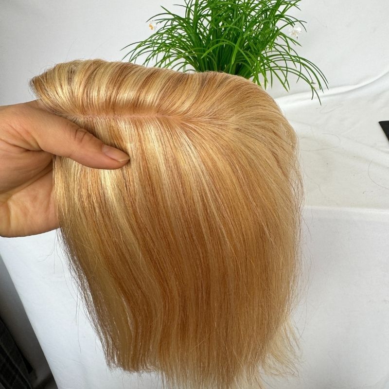Medium Brown Mix 613 Blonde Color Silk Base European Human Hair Topper With Clips In Silk Top Hair Toupee for Women 7x13 CM Silk Base Closure Wigs for Woman 12 Inch 27P613#