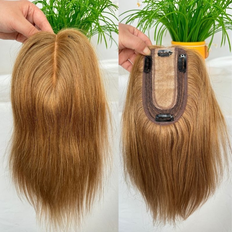 8# Light Brown Color Silk Base European Human Hair Topper With Clips In Silk Top Hair Toupee for Women 7x13 CM Silk Base Closure Wigs for Woman 12 Inch