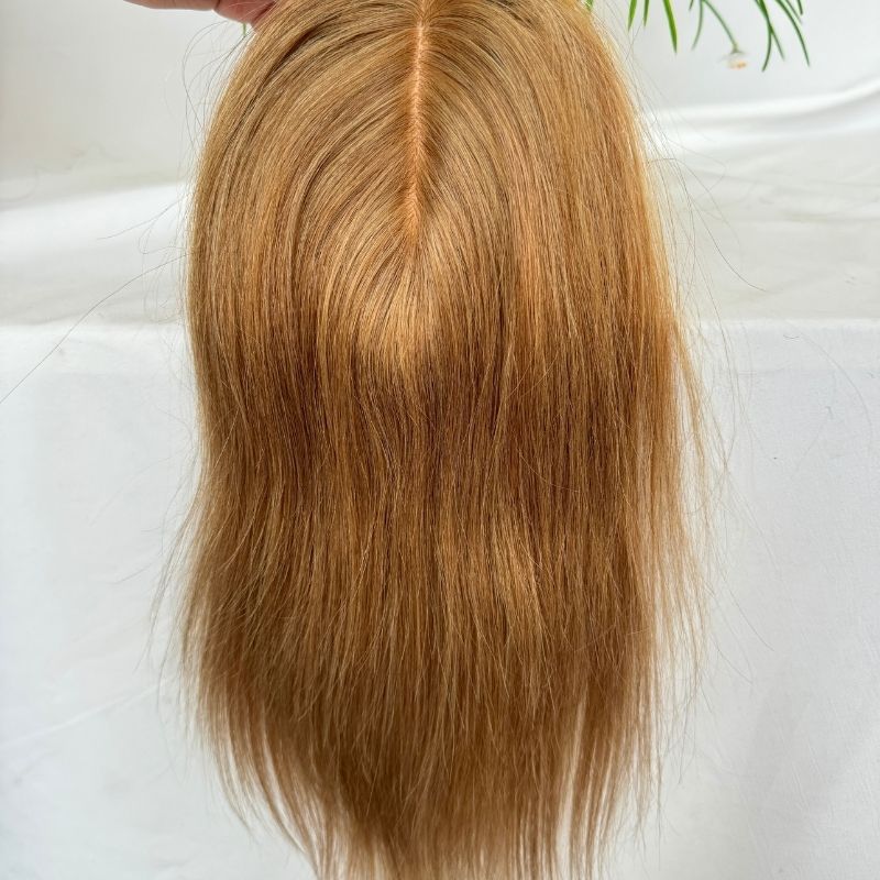 8# Light Brown Color Silk Base European Human Hair Topper With Clips In Silk Top Hair Toupee for Women 7x13 CM Silk Base Closure Wigs for Woman 12 Inch