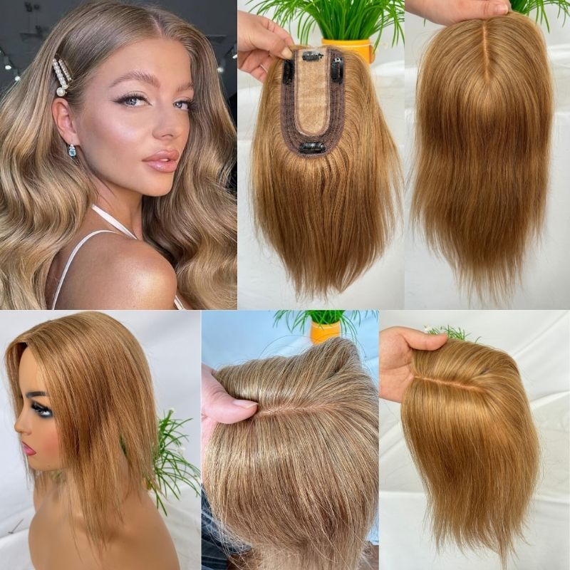 Brown Color Silk Base European Human Hair Topper With Clips In Silk Top Hair Toupee for Women 7x13 CM Silk Base Closure Wigs for Woman 12 Inch