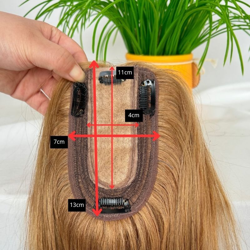 8# Light Brown Color Silk Base European Human Hair Topper With Clips In Silk Top Hair Toupee for Women 7x13 CM Silk Base Closure Wigs for Woman 12 Inch