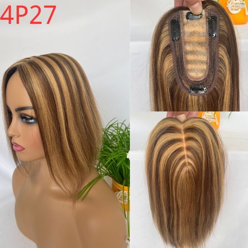 Medium Brown Mix  Dark Blonde Color Silk Base European Human Hair Topper With Clips In Silk Top Hair Toupee for Women 7x13 CM Silk Base Closure Wigs for Woman 12 Inch 4p27#