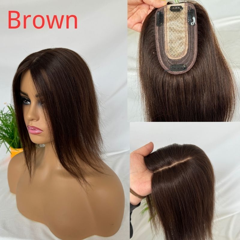 Brown Color Silk Base European Human Hair Topper With Clips In Silk Top Hair Toupee for Women 7x13 CM Silk Base Closure Wigs for Woman 12 Inch