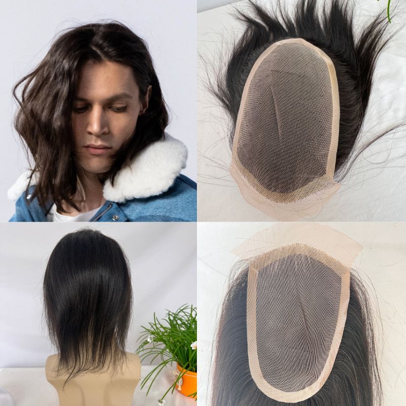 Toupee for Men Swiss Lace Front 100% Human Hair PU Around  Hairpiece Cap Base Size 4.5x7 inch Hair Replacement System for Men 1B Color 10 Inch Long Hair