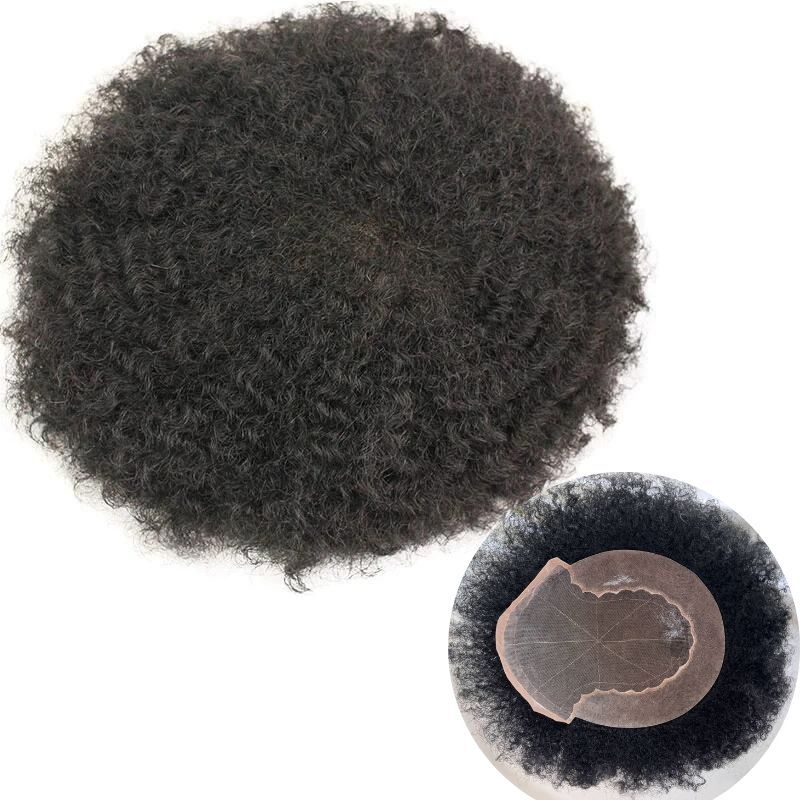 Q6 Men's Hair Afro Men's Toupee Wig 360 Wave Hairpiece 100% Human Hair Replacement Toupee for African American 10x8 Base Size1B Black Color