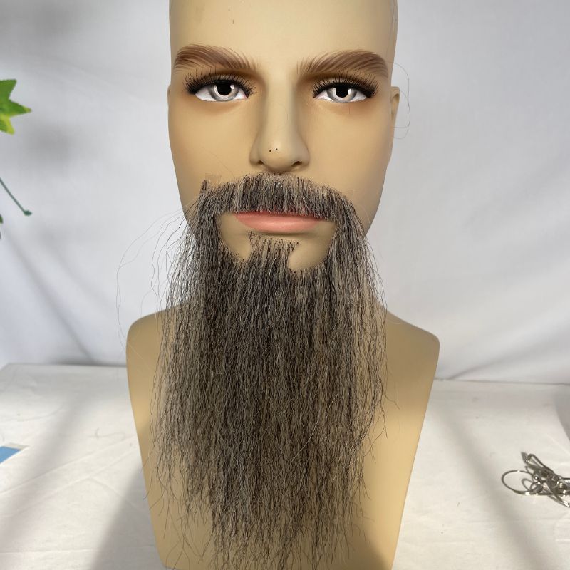 Long 6 Inch Face Fake Beard 100% Human Hair Face Beard Mustache For Men Fake Beard Swiss Lace Real Handmade Light Beard For Man Invisible Beards Beard And Moustache Black Mixed White Hair Grey Color