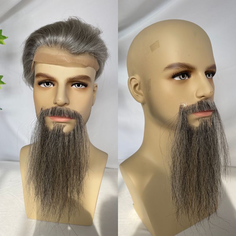 Long 6 Inch Face Fake Beard 100% Human Hair Face Beard Mustache For Men Fake Beard Swiss Lace Real Handmade Light Beard For Man Invisible Beards Beard And Moustache Black Mixed White Hair Grey Color