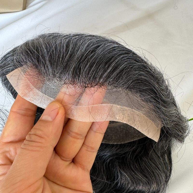 Men's Toupee #1B40 60% Human Black Mixed with  40% Synthetic White Hair 8"x10" Mono Base With PU Toupee Man Grey Hair Replacement System Lace Front Natural Hairline