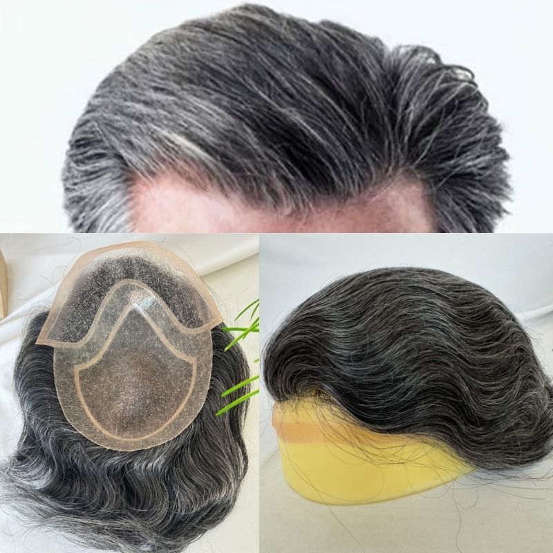 Men's Toupee #1B40 60% Human Black Mixed with  40% Synthetic White Hair 8"x10" Mono Base With PU Toupee Man Grey Hair Replacement System Lace Front Natural Hairline