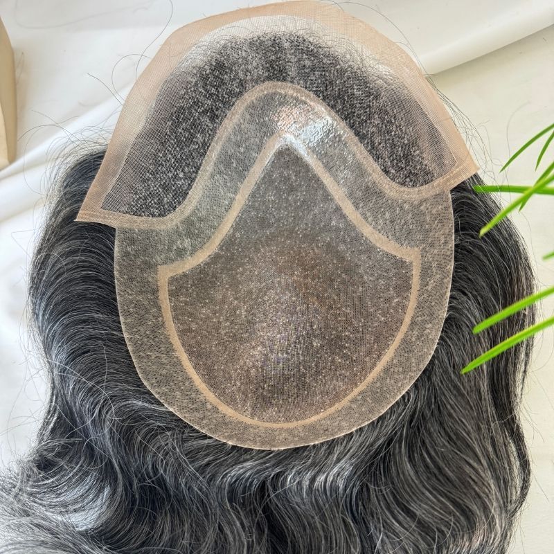 Men's Toupee #1B40 60% Human Black Mixed with  40% Synthetic White Hair 8"x10" Mono Base With PU Toupee Man Grey Hair Replacement System Lace Front Natural Hairline