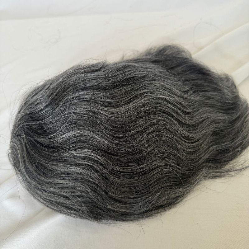 Men's Toupee #1B40 60% Human Black Mixed with  40% Synthetic White Hair 8"x10" Mono Base With PU Toupee Man Grey Hair Replacement System Lace Front Natural Hairline