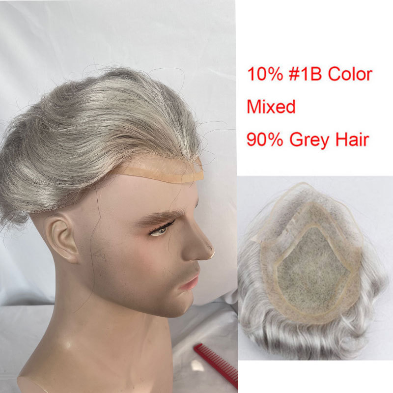 Men's Toupee #1B60 1B Human Hair  Mixed with Synthetic White Hair 8"x10" Mono Base With PU Toupee Man Grey Silver Hair Mens Replacement System Lace Front Natural Hairline