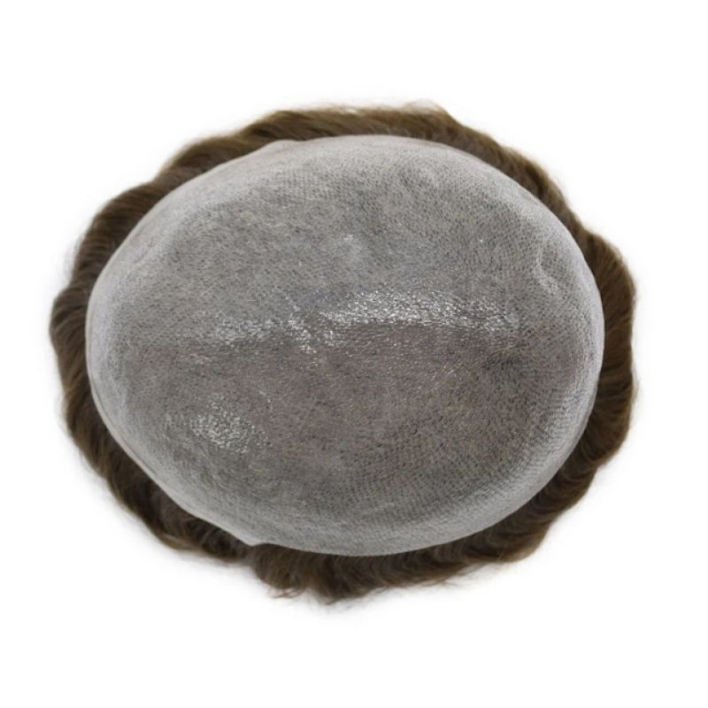 Men Toupee Handmade Hairpiece 0.04-0.06mm Full PU Stock Mens Toupee V-Loop Super Thin Full Skin Man Hair Transparent Poly Hair System 32mm Slight Wave 8x10 7# Brown