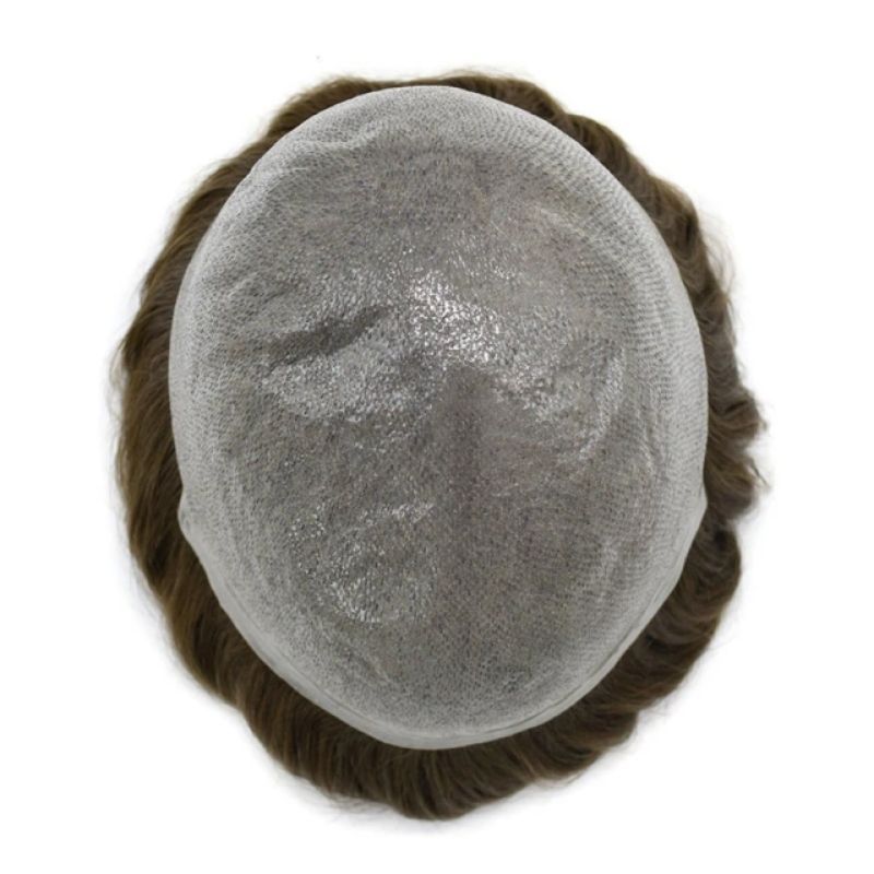 Men Toupee Handmade Hairpiece 0.04-0.06mm Full PU Stock Mens Toupee V-Loop Super Thin Full Skin Man Hair Transparent Poly Hair System 32mm Slight Wave 8x10 7# Brown