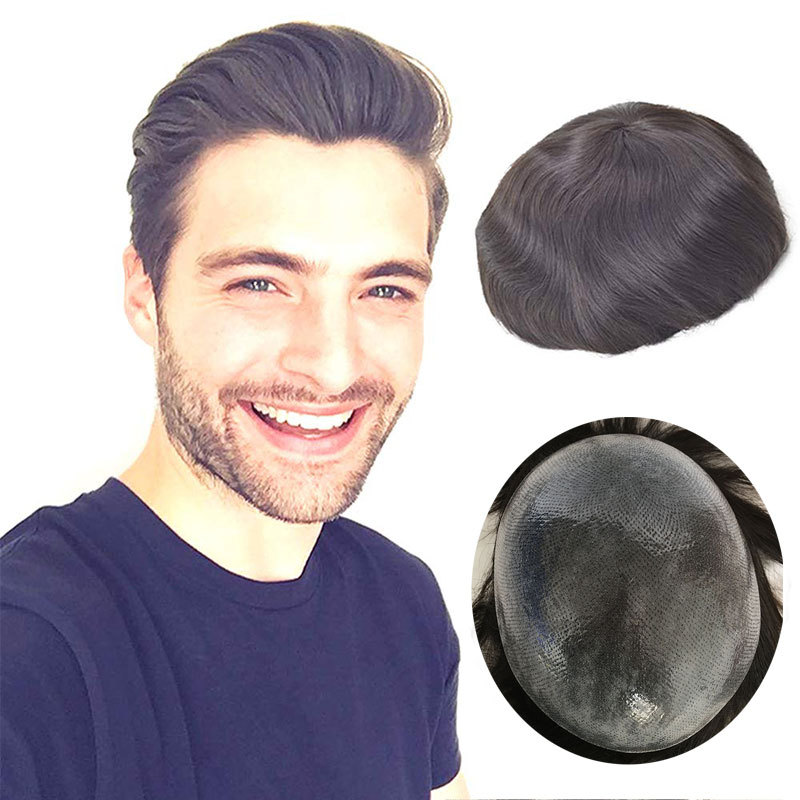 Men Toupee Handmade Hairpiece 0.04-0.06mm Full PU Stock Mens Toupee V-Loop Super Thin Full Skin Man Hair Transparent Poly Hair System 32mm Slight Wave 8x10 7# Brown