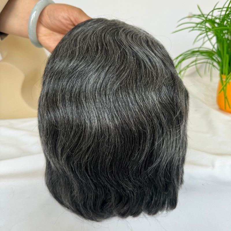 Men's Toupee #1B60 1B Human Hair  Mixed with Synthetic White Hair 8"x10" Mono Base With PU Toupee Man Grey Silver Hair Mens Replacement System Lace Front Natural Hairline