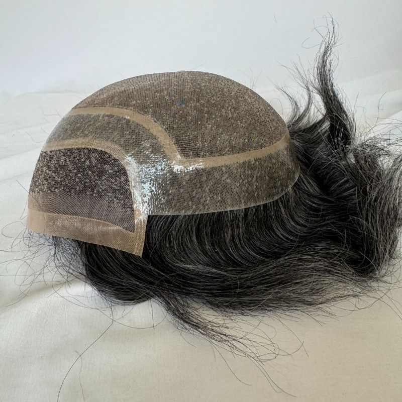 Men's Toupee #1B60 1B Human Hair  Mixed with Synthetic White Hair 8"x10" Mono Base With PU Toupee Man Grey Silver Hair Mens Replacement System Lace Front Natural Hairline