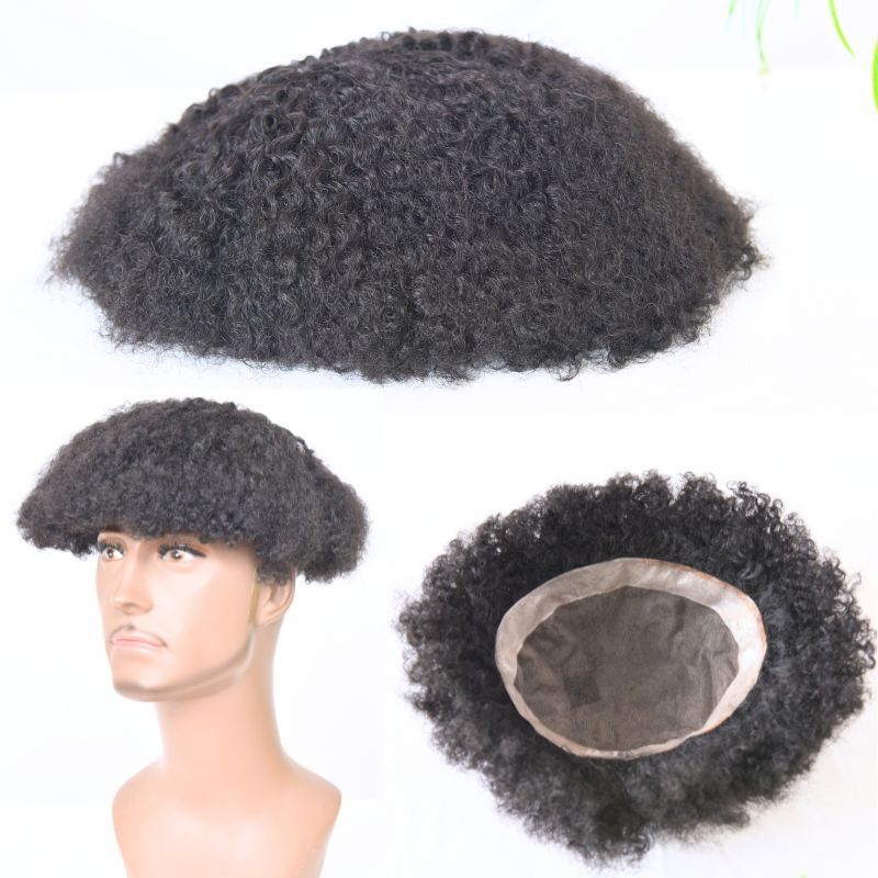 Men's Hair 9x7 Toupee Wig 360 Afro Wave Hairpiece Mono Lace with PU Around Hair for Men 100% Human Hair Replacement Toupee for African American 10x8 8x6 Black Color Hair System