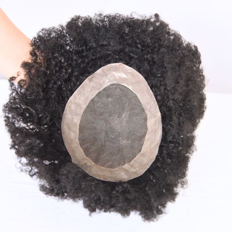 Men's Hair 9x7 Toupee Wig 360 Afro Wave Hairpiece Mono Lace with PU Around Hair for Men 100% Human Hair Replacement Toupee for African American 10x8 8x6 Black Color Hair System