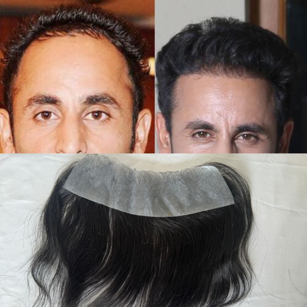 Natural Black Human Hair V Frontal Toupee Men Forehead Hairpiece Patch Invisible Seamless Ultra Thin Skin PU Men's  Full PU Prosthesis 6 Inch
