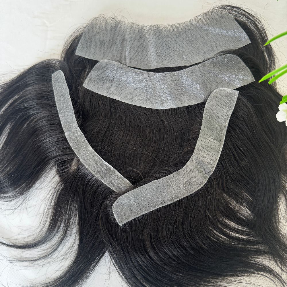 Natural Black Human Hair V Frontal Toupee Men Forehead Hairpiece Patch Invisible Seamless Ultra Thin Skin PU Men's  Full PU Prosthesis 6 Inch