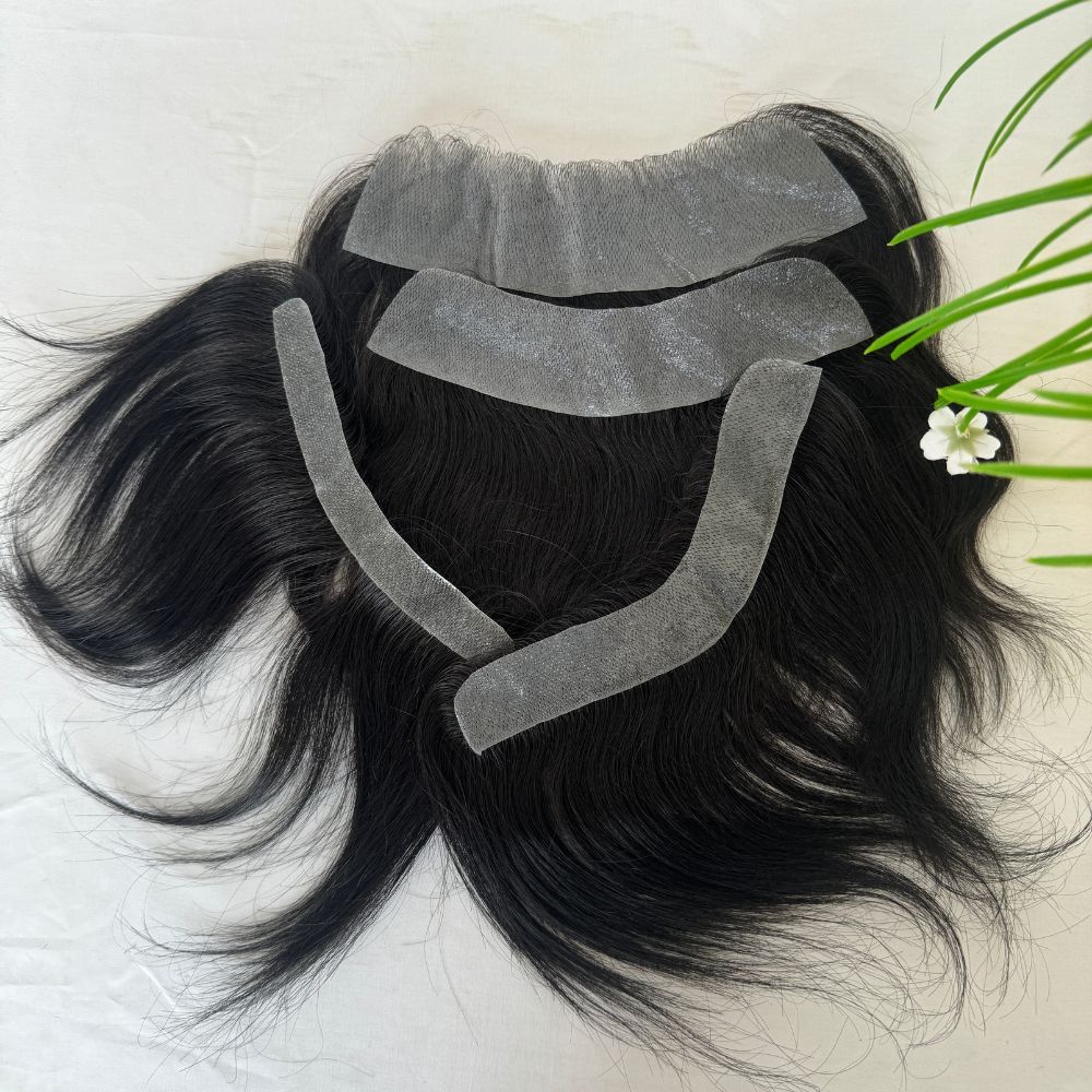 Natural Black Human Hair V Frontal Toupee Men Forehead Hairpiece Patch Invisible Seamless Ultra Thin Skin PU Men's  Full PU Prosthesis 6 Inch