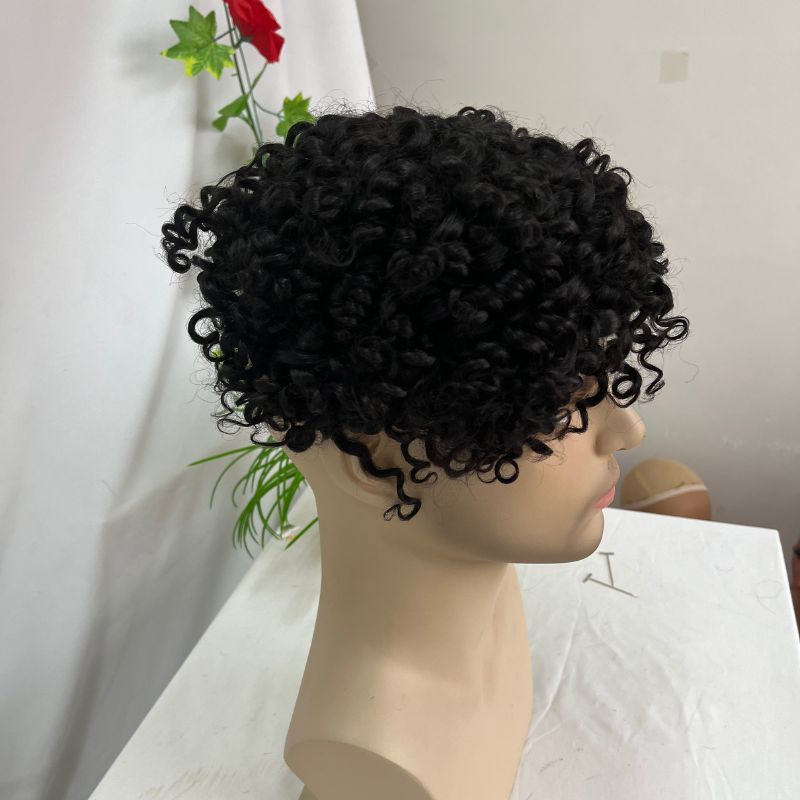Voloria 360 15MM-18MM Loose Small Curly Hair Mono with PU Men Wig Human Hair Toupee For Male Curly Wigs Hair Pieces 9x7 10x7 11x8 Black Color