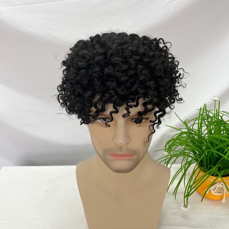 Voloria 360 15MM-18MM Loose Small Curly Hair Mono with PU Men Wig Human Hair Toupee For Male Curly Wigs Hair Pieces 9x7 10x7 11x8 Black Color