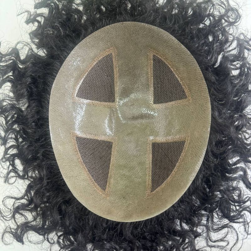 Custom 100% Human Hair Men's Hair Popular Mono Base Lace with PU around Mask Shape Toupee  7x9 Cap Hair System 15mm Loose Curl Hair Pieces