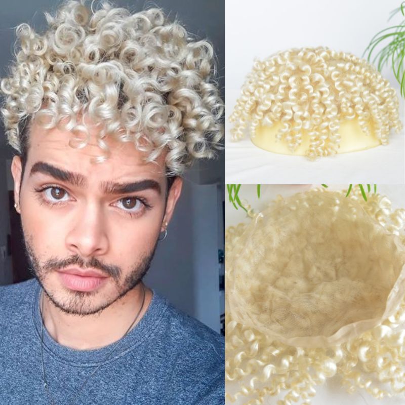 Voloria 60R White Color Full Swiss Lace Men's Toupee 100% Human Hair Replacement for Men Hairpiece 8X10 Small Loose Curly Hair System