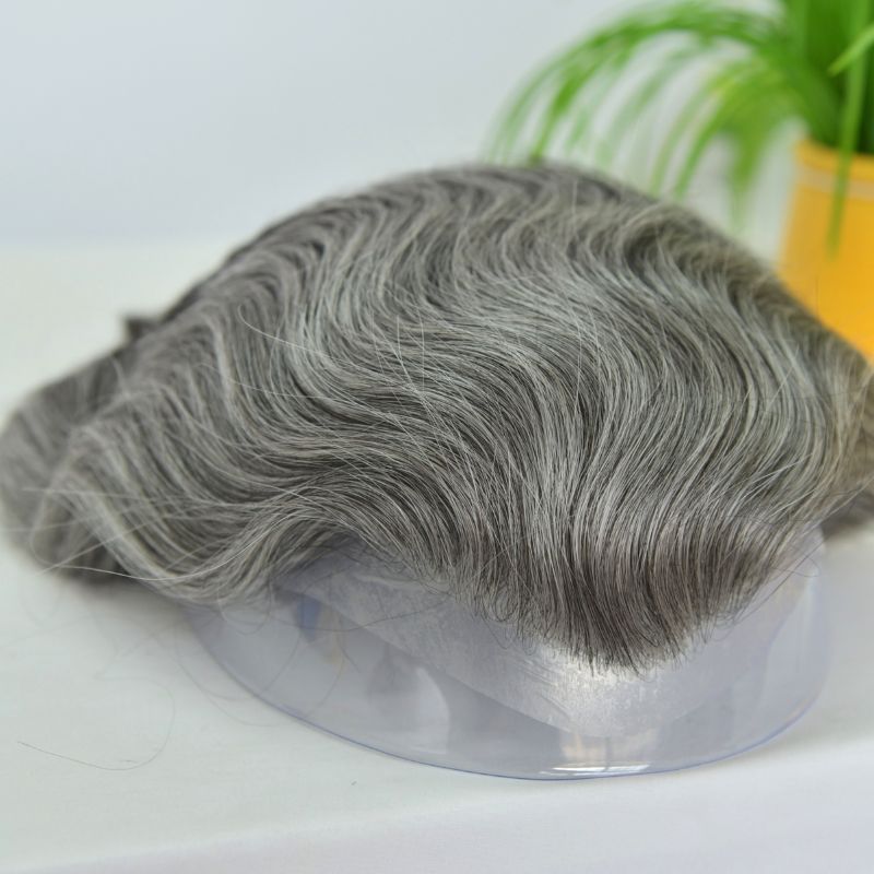Custom Toupee V-looped Thin Skin Base Hair System 1B60 60% White Synthetic Hair in Front Hairline 40% 1B# Color in Back Hairpiece For Men Hair Replacement 10x8 9x7