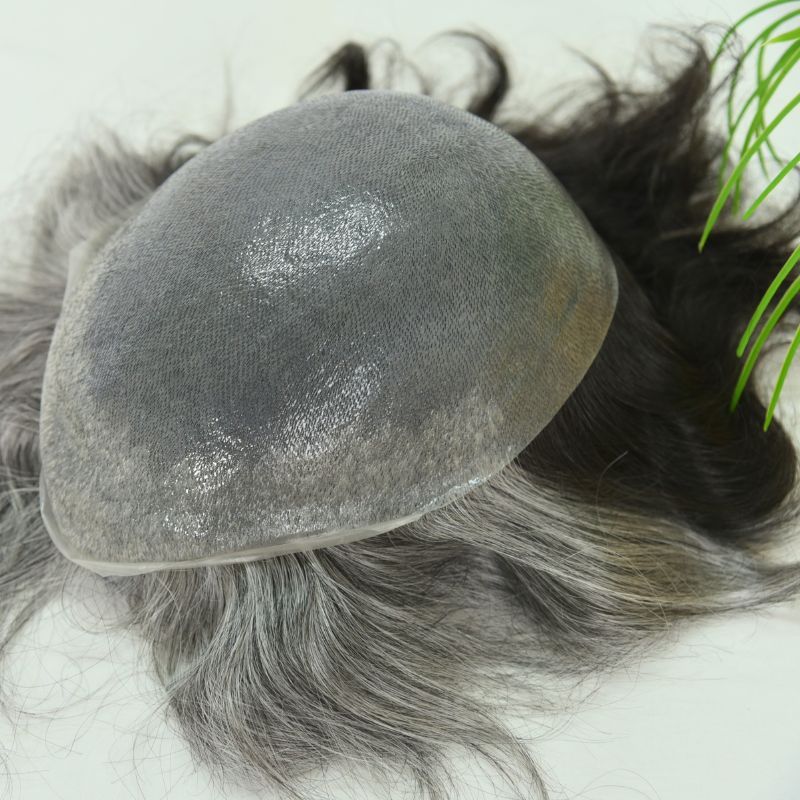 Custom Toupee V-looped Thin Skin Base Hair System 1B60 60% White Synthetic Hair in Front Hairline 40% 1B# Color in Back Hairpiece For Men Hair Replacement 10x8 9x7