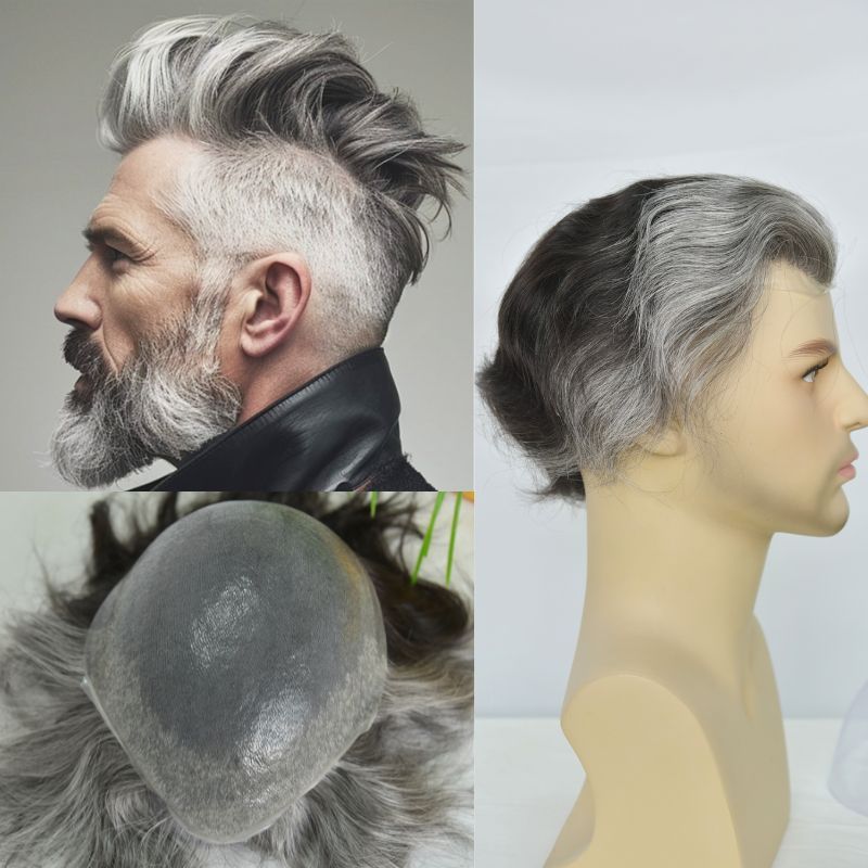 Custom Toupee V-looped Thin Skin Base Hair System 1B60 60% White Synthetic Hair in Front Hairline 40% 1B# Color in Back Hairpiece For Men Hair Replacement 10x8 9x7