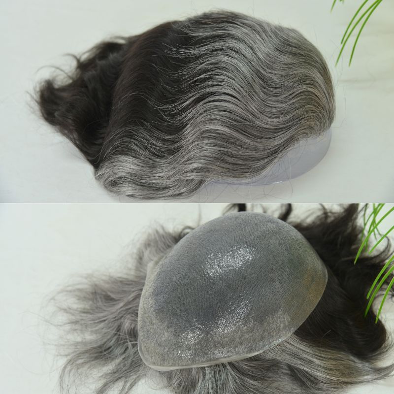 Custom Toupee V-looped Thin Skin Base Hair System 1B60 60% White Synthetic Hair in Front Hairline 40% 1B# Color in Back Hairpiece For Men Hair Replacement 10x8 9x7