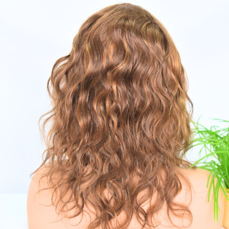 Voloria Customized Non Lace 5x5 Inch Monofilament Mono Top Based Wig with a Handtied Fine Nylon Mesh  100% Human Hair Wigs Wavy Short Glueless Wigs with Adjustable Straps Back Color #6#8 Equal Blended Wigs