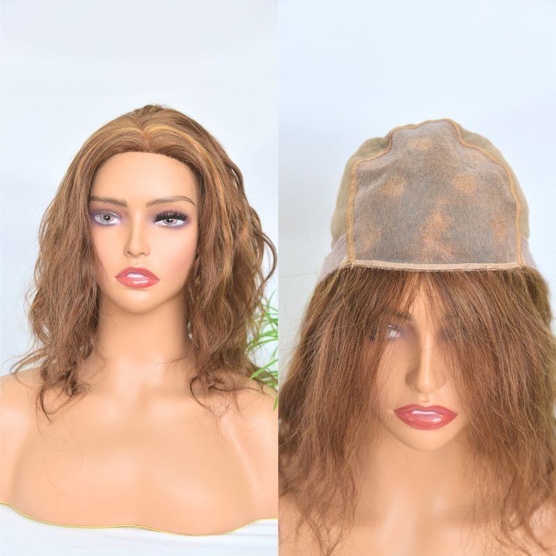 Voloria Customized Non Lace 5x5 Inch Monofilament Mono Top Based Wig with a Handtied Fine Nylon Mesh  100% Human Hair Wigs Wavy Short Glueless Wigs with Adjustable Straps Back Color #6#8 Equal Blended Wigs