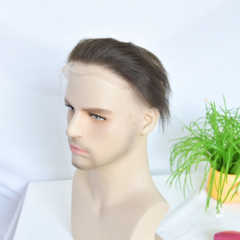 Man Toupee V Style Frontal Hairline For Men 4X18cm French Lace100% Human Remy Hair Front Hair Replacement Straight Hairpiece Natural Color 6inches Invisible Forehead Hairline
