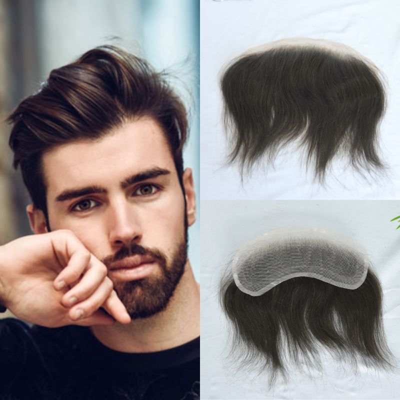 Man Toupee V Style Frontal Hairline For Men 4X18cm French Lace100% Human Remy Hair Front Hair Replacement Straight Hairpiece Natural Color 6inches Invisible Forehead Hairline