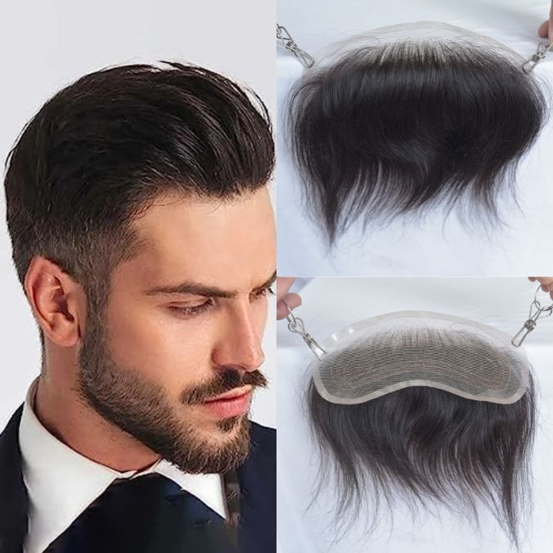 Men Toupee V Style Frontal Hairline For Men 4X18cm French Lace100% Human Remy Hair Front Hair Replacement Straight Hairpiece 6inches Dark Brown 2 Color Invisible Forehead Hairline
