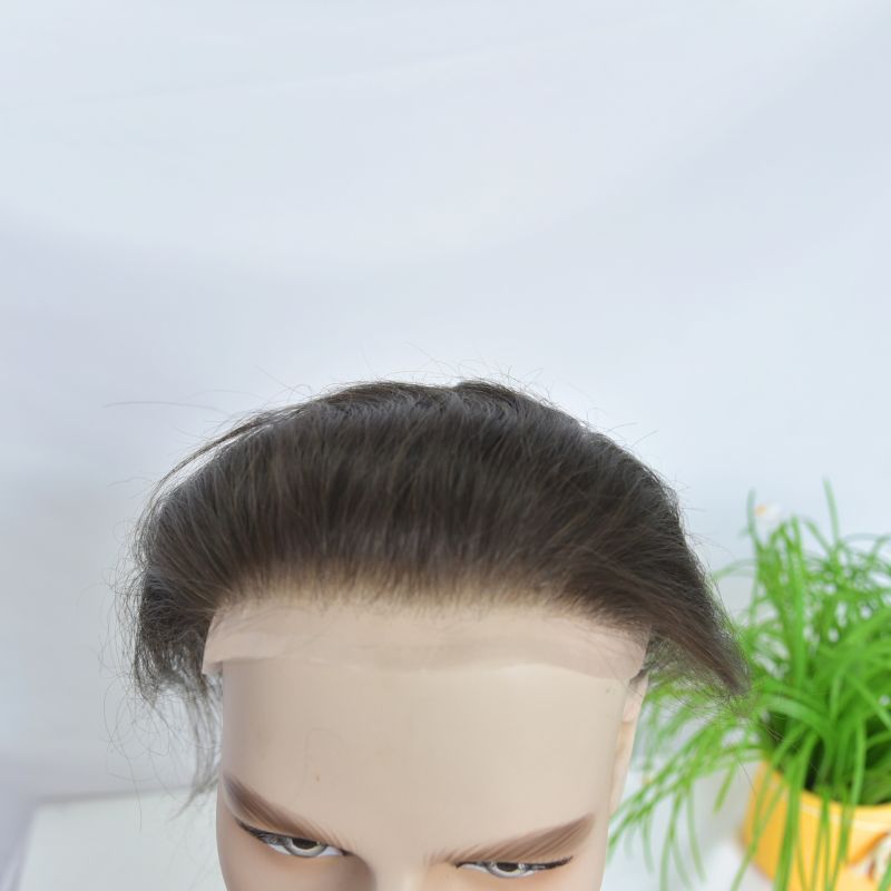 Man Toupee V Style Frontal Hairline For Men 4X18cm French Lace100% Human Remy Hair Front Hair Replacement Straight Hairpiece Natural Color 6inches Invisible Forehead Hairline